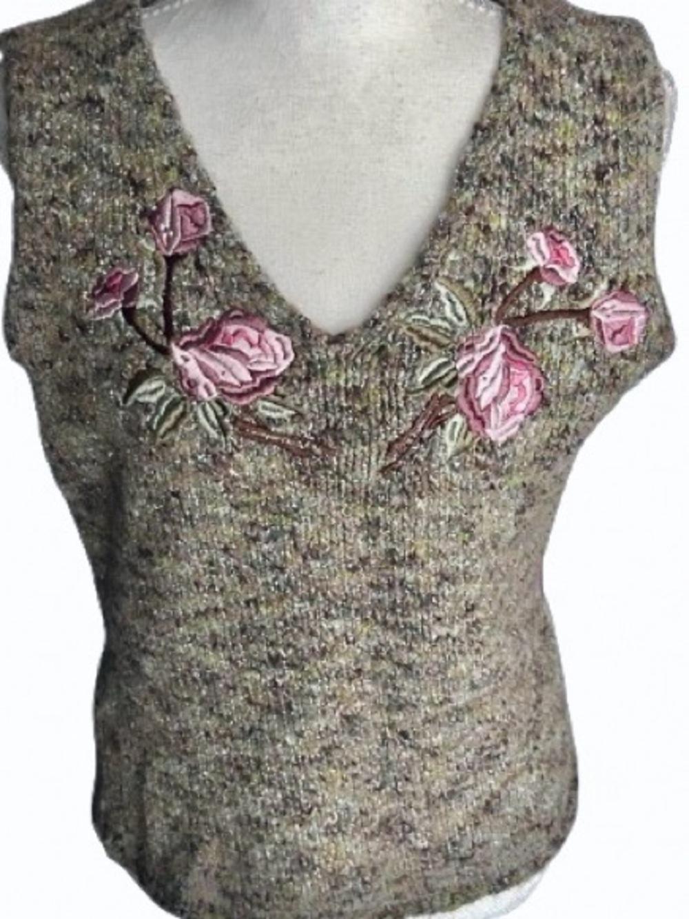 Estate Floral Sweater Tank Top Knit BLOOMINGDALE’S Shirt Embroidered Boho Roses